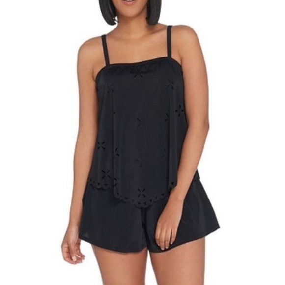 NWT $80  2 PIECE SET Fit 4 U Handkerchief Laser Cut Tankini Short Black - Picture 1 of 2